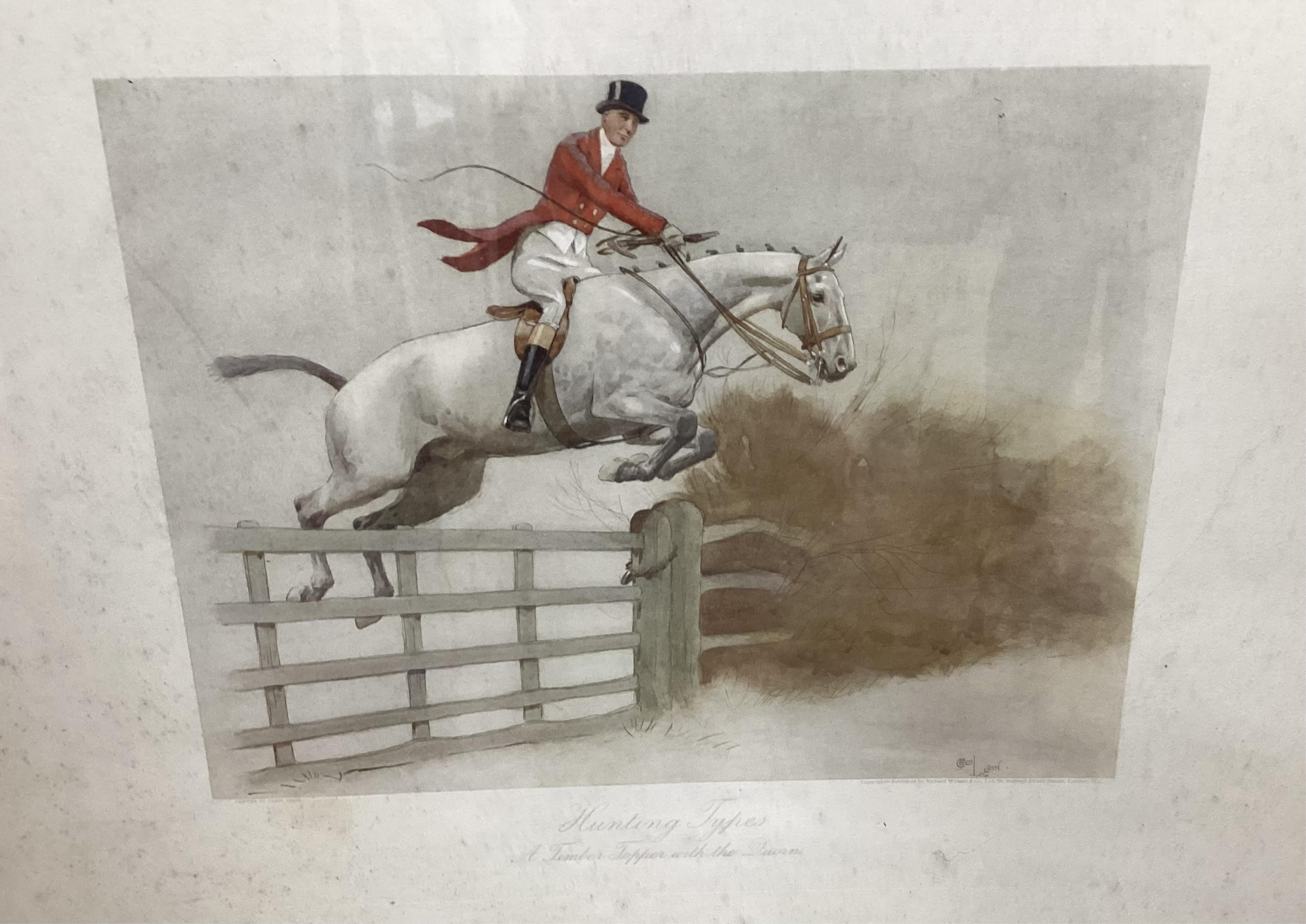 Four hunting interest prints after Snaffles, Munnings and Aldin to include ‘The Finest View in Europe’ and ‘The Huntsman’, largest 54 x 74cm